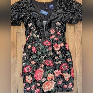 NWT Marchesa Notte | Sequin Floral Embroidered Mini Dress | Black Pink | 4